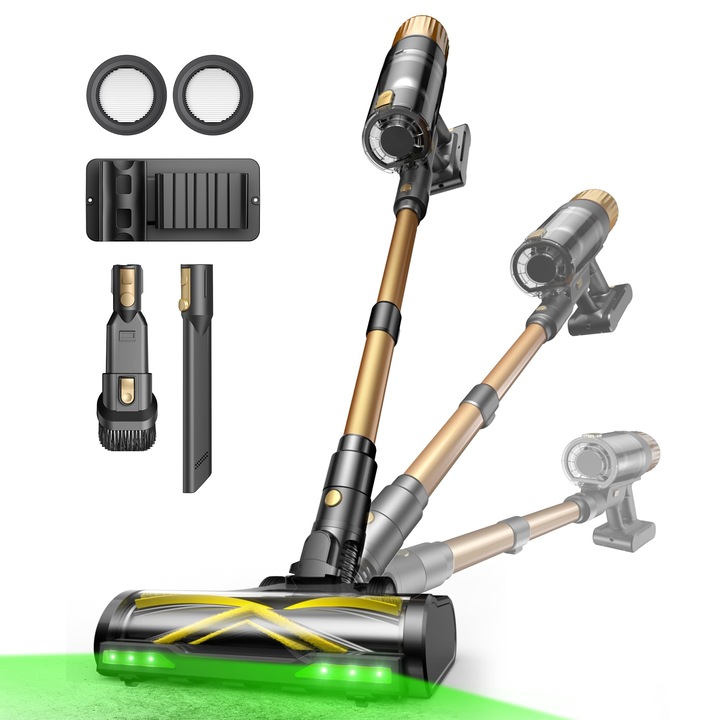 Aspirator fara fir Ultenic, 600W/55000Pa/65min, aspirator fara fir cu tehnologie GreenEye, tub telescopic si de sine statator, filtru 6 straturi, perie anti-incurcare, pentru parul animalelor de companie/covoare/pardoseli dure