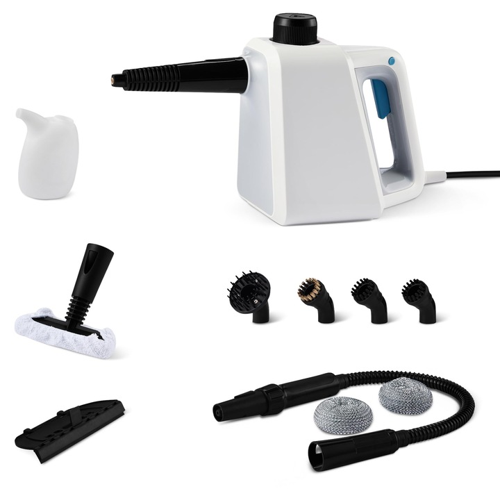 Aparat de curățat cu abur Amazon Basics, 1000 W, rezervor 250 ml, alb, cu 9 accesorii