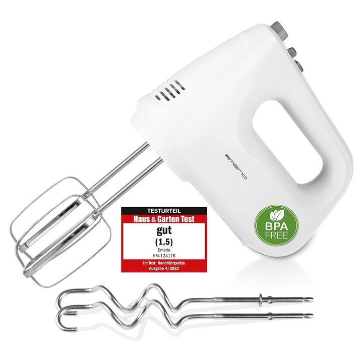 Emerio kézi mixer 250 W, 6 sebességfokozat, extra hosszú habverő, dagasztókar, rozsdamentes acél, 7,99x7,91x4,17 cm