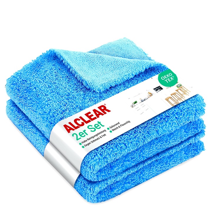 Set lavete microfibra Alclear, 2 bucăți, 40x40 cm, pentru toate suprafețele, fără scame, lavabile la 60°C