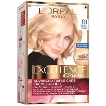 Vopsea de par permanenta cu amoniac L'Oreal Paris Excellence Creme 01 Blond ultra-deschis natural, 192 ml Vopsea de par permanenta cu amoniac L'Oreal Paris Excellence Creme 01 Blond ultra-deschis natural, 192 ml