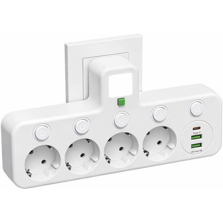 Мултифункционален стенен контакт 2500W, разклонител с 4 Schuko контакта, 2 USB-A порта + 1 USB-C порт, 4 индивидуални превключвателя, защита от пренапрежение, LED нощна светлина, огнеупорен материал, бял