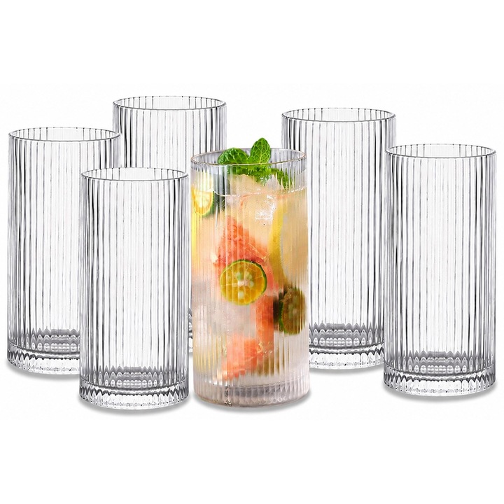 Set 6 Pahare pentru Cocktail cu Striatii Aurov®, Sticla Premium, Long Drink, Suc si Bauturi Racoritoare, 355ml, Transparent