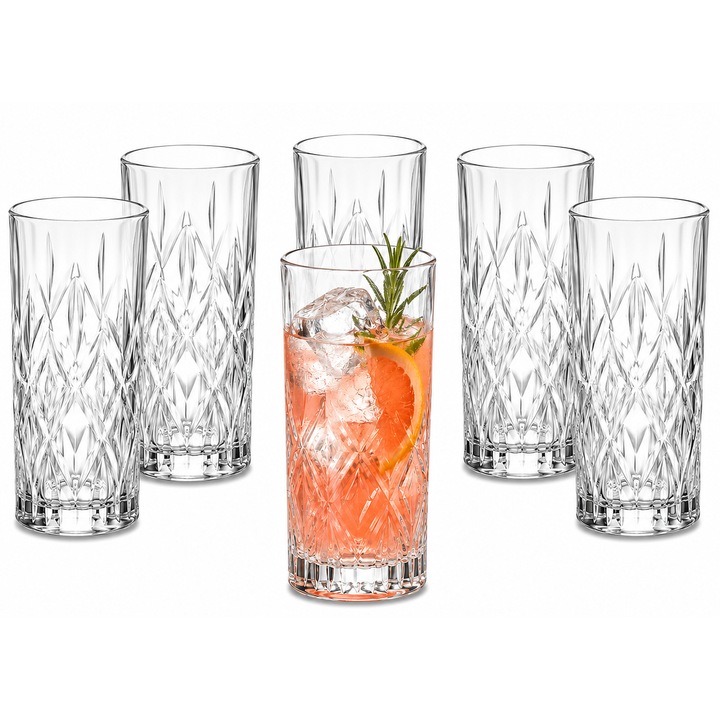 Set 6 Pahare pentru Cocktail Royal Cut Aurov®, Design Deosebit, Sticla Premium, Long Drink, Suc si Bauturi Racoritoare, 355ml, Transparent