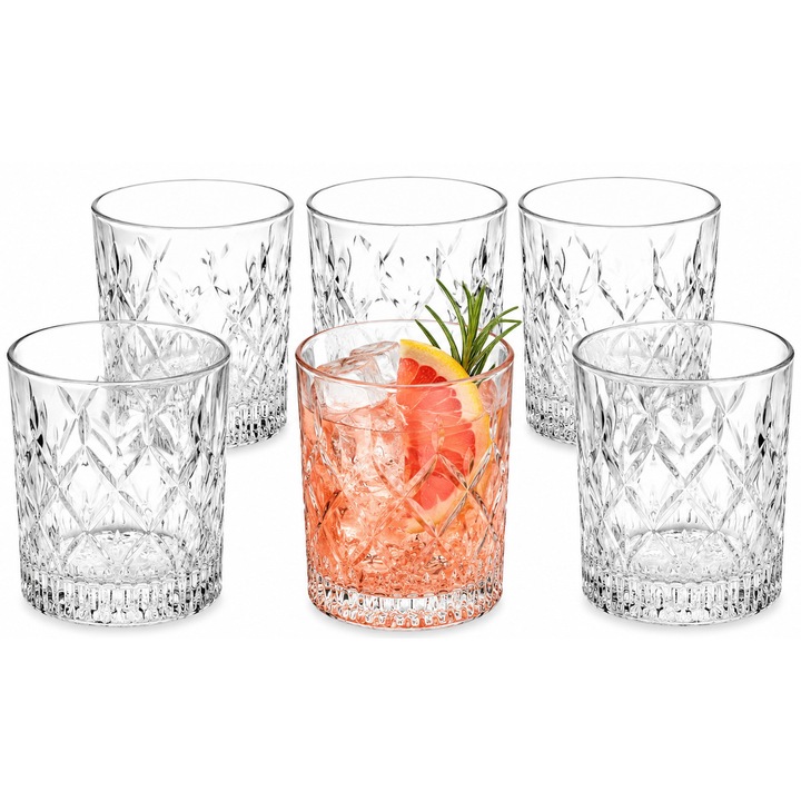 Set 6 Pahare pentru Whisky si Cocktail Elegance Aurov®, Design Deosebit, Sticla Premium, Suc si Bauturi Racoritoare, 310ml, Transparent