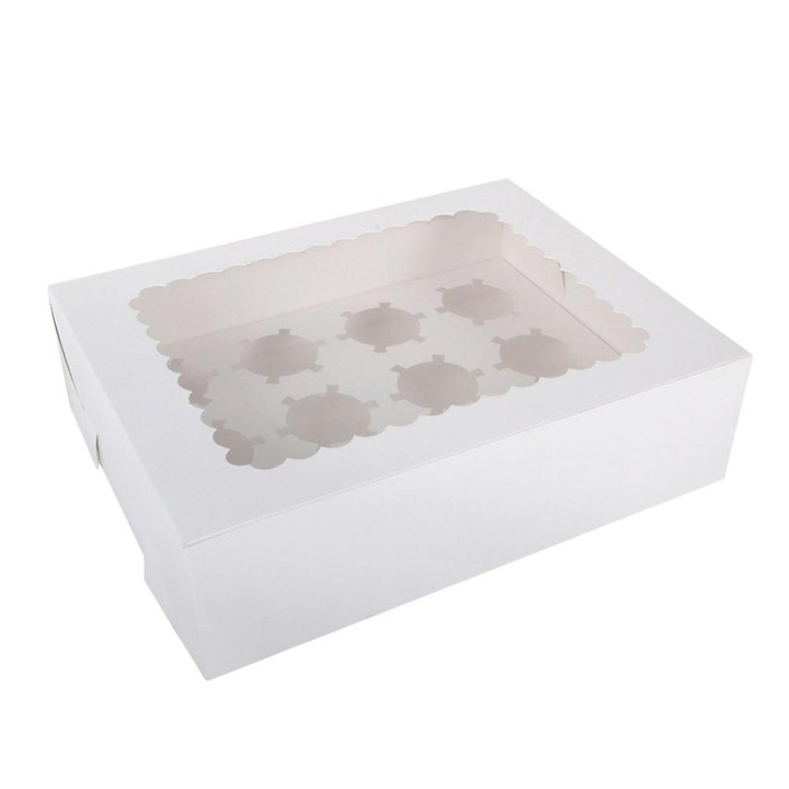 Cutii cupcake 12 compartimente, alb, 32.5x25x9cm, hartie carton alimentar