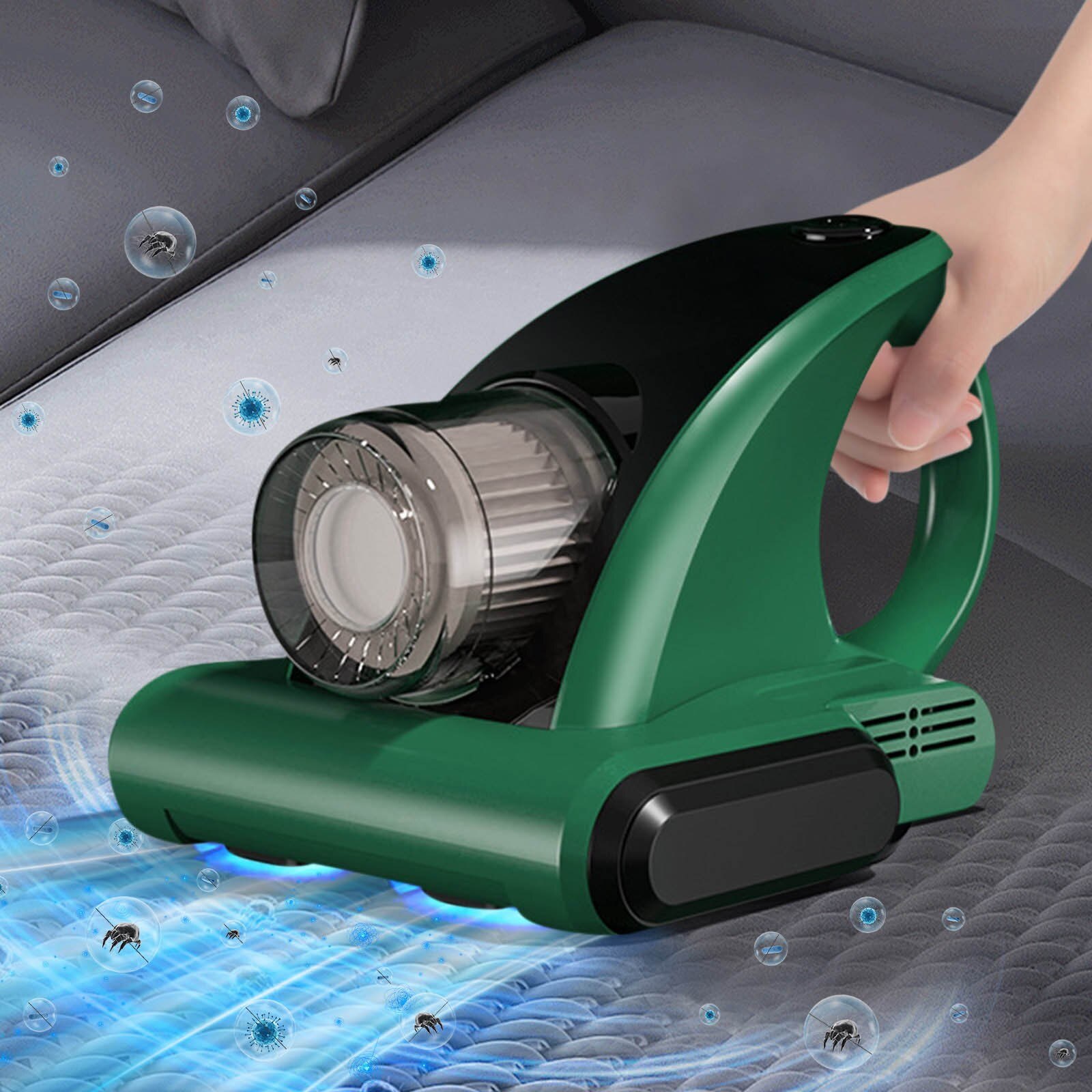 Aspirator portabil compact pentru pat si canapea, alb-verde, multifunctional