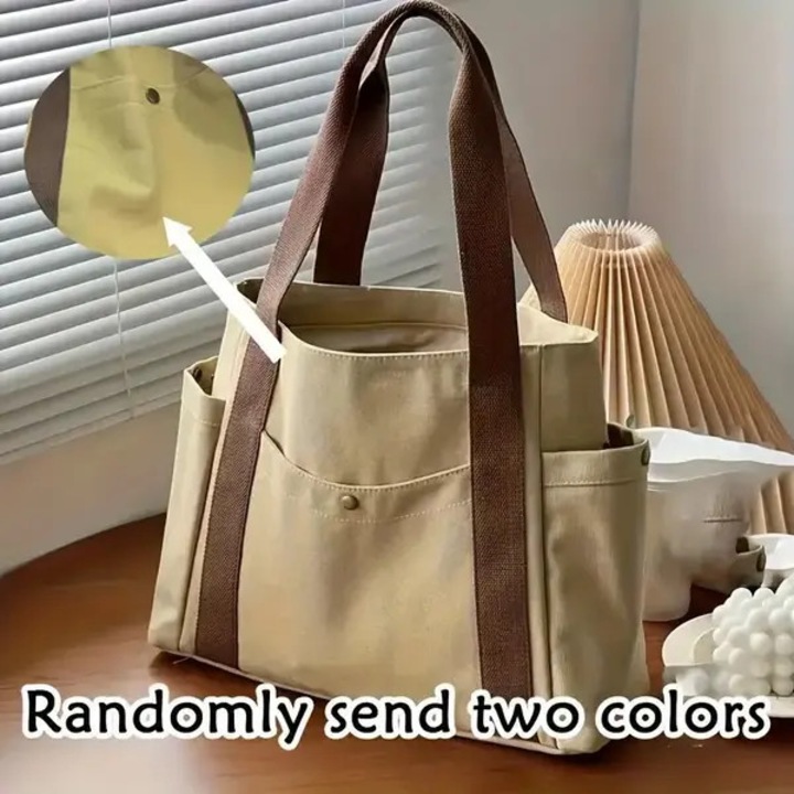 Geanta tote din panza (canvas) capacitate mare cu buzunare laterale si manere duble, bej/maro
