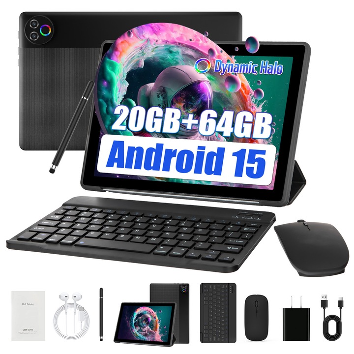Tableta Wqplo KB1001L, ecran 10,1 inch, Android 16, set 8 in 1 cu tastatura, mouse, stylus, husa, casti, incarcator, folie de protectie, 24GB RAM + 64GB ROM, baterie 6000mAh, negru