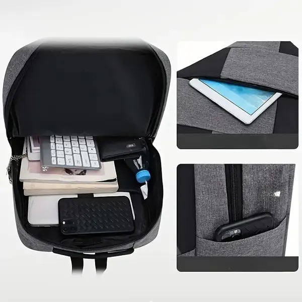 Set rucsac 3 piese din Oxford, rucsac business pentru laptop cu compartiment tableta, borseta si portofel, capacitate mare, negru/gri