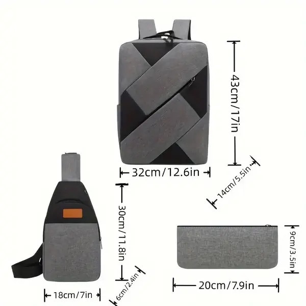 Set rucsac 3 piese din Oxford, rucsac business pentru laptop cu compartiment tableta, borseta si portofel, capacitate mare, negru/gri