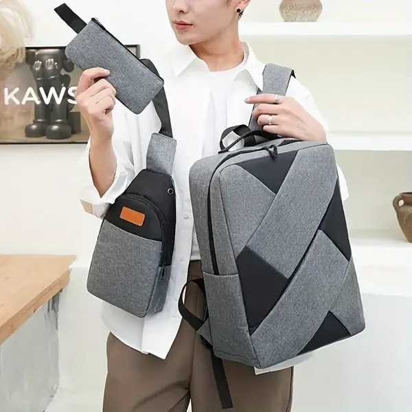 Set rucsac 3 piese din Oxford, rucsac business pentru laptop cu compartiment tableta, borseta si portofel, capacitate mare, negru/gri