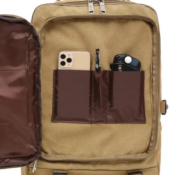 Rucsac canvas cu piele, capacitate mare, khaki, 45x31x12cm