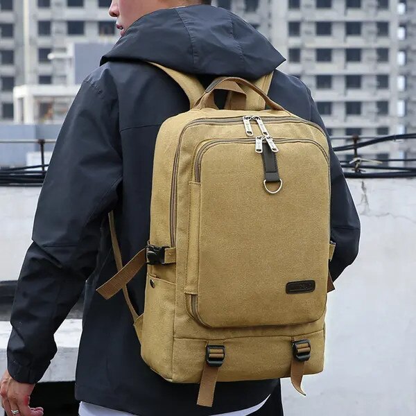 Rucsac canvas cu piele, capacitate mare, khaki, 45x31x12cm