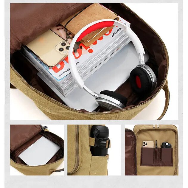 Rucsac canvas cu piele, capacitate mare, khaki, 45x31x12cm