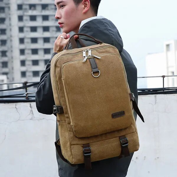 Rucsac canvas cu piele, capacitate mare, khaki, 45x31x12cm