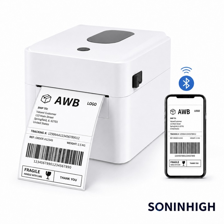 Imprimanta termica AWB SONINHIGH, etichete curier 100 x 150 mm, latime maxima 108 mm, Bluetooth si USB, 203 DPI, 150 mm/s, compatibila Windows, macOS, Android si iOS, alba