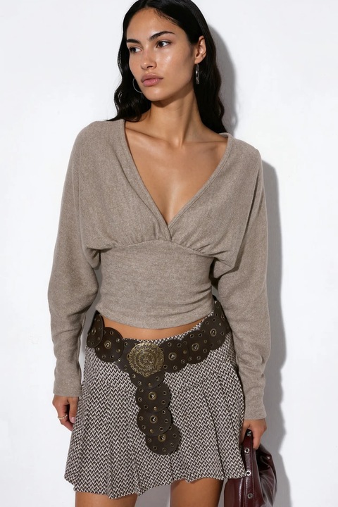 Bluza dama Busem, tricotata, maneca lunga, elastic, bej