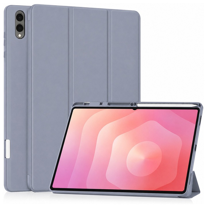Husa de protectie pentru Samsung Galaxy Tab S11 Ultra / Tab S12 Ultra DaDen Flex Trifold, Mod stativ, Unghi pana la 65°, Piele ecologica, Loc pentru creion, Mov