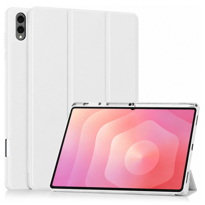 Husa de protectie pentru Samsung Galaxy Tab S11 Ultra / Tab S12 Ultra DaDen Flex Trifold, Mod stativ, Unghi pana la 65°, Piele ecologica, Loc pentru creion, Gri