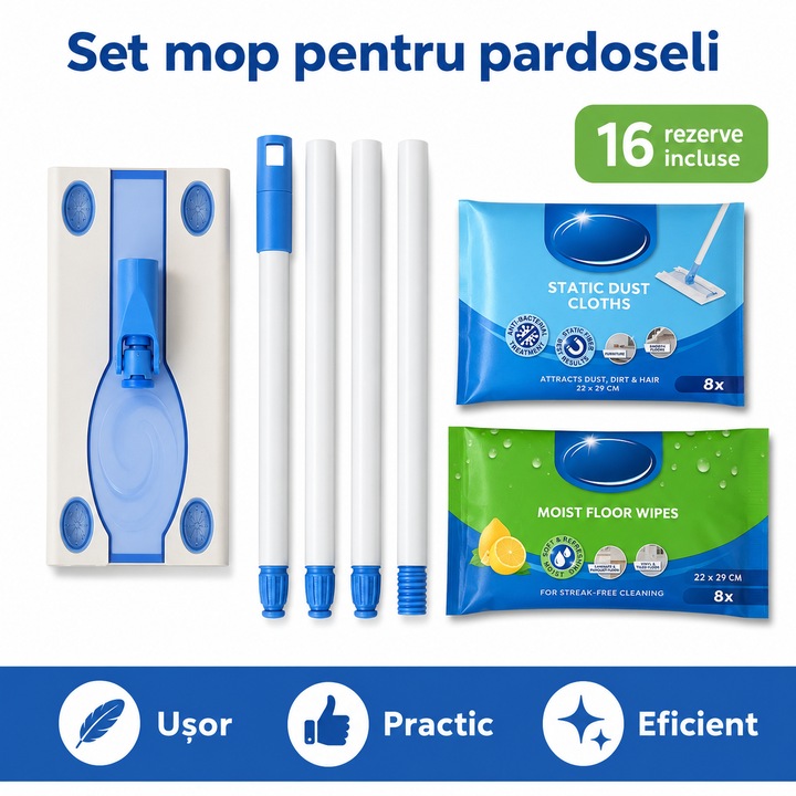 Set Mop Plat pentru pardoseli, Aloro®, maner 120 cm, cap flexibil 360, 8 lavete uscate antistatice si 8 lavete umede Incluse, pentru parchet, laminat, gresie si vinil