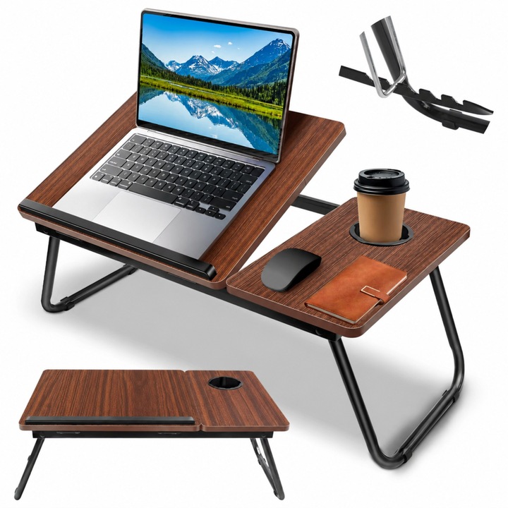 Laptop Asztal, Összecsukható Állvány Állítható Dőlésszöggel, Pohártartó, Stabil Laminált Rétegelt Lemez Szerkezet, Ágyhoz Vagy Kanapéhoz, Fekete Szín, Ergonomikus Modell, Méretek 56x32.5 cm