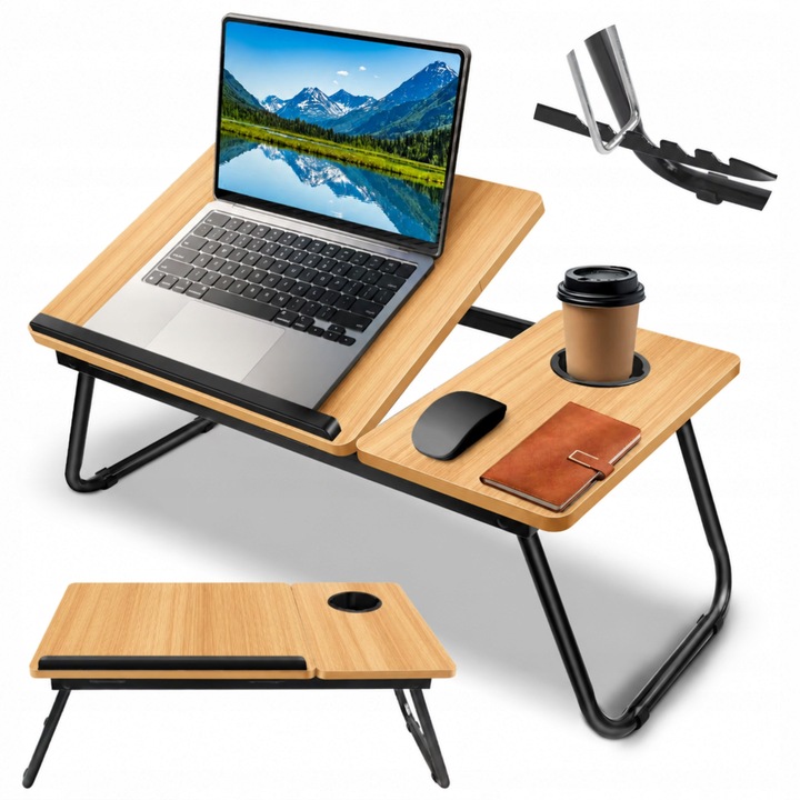 Laptop Asztal, Összecsukható Állvány Állítható Dőlésszöggel, Dedikált Pohártartó, Stabil Konstrukció Ellenálló Laminált Rétegelt Lemezből, Ágyhoz Vagy Kanapéhoz, Fekete Szín, Urban Méretek 56x32.5 cm