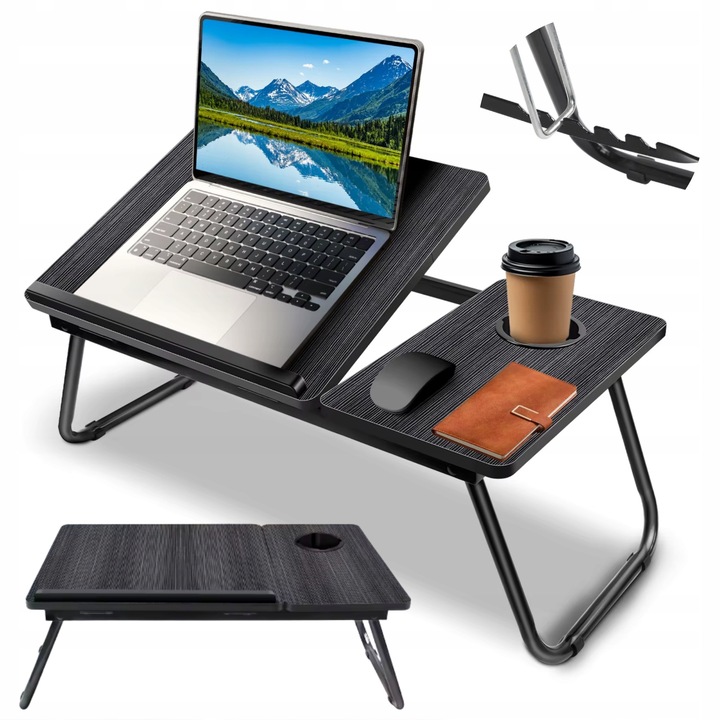 Laptop Asztal, Állítható Dőlésszög, Összecsukható Szerkezet És Pohártartó, Stabil Szerkezet Ellenálló Laminált Rétegelt Lemezből, Ágyhoz És Kanapéhoz, Fekete Szín, Méretek 56x32.5 cm