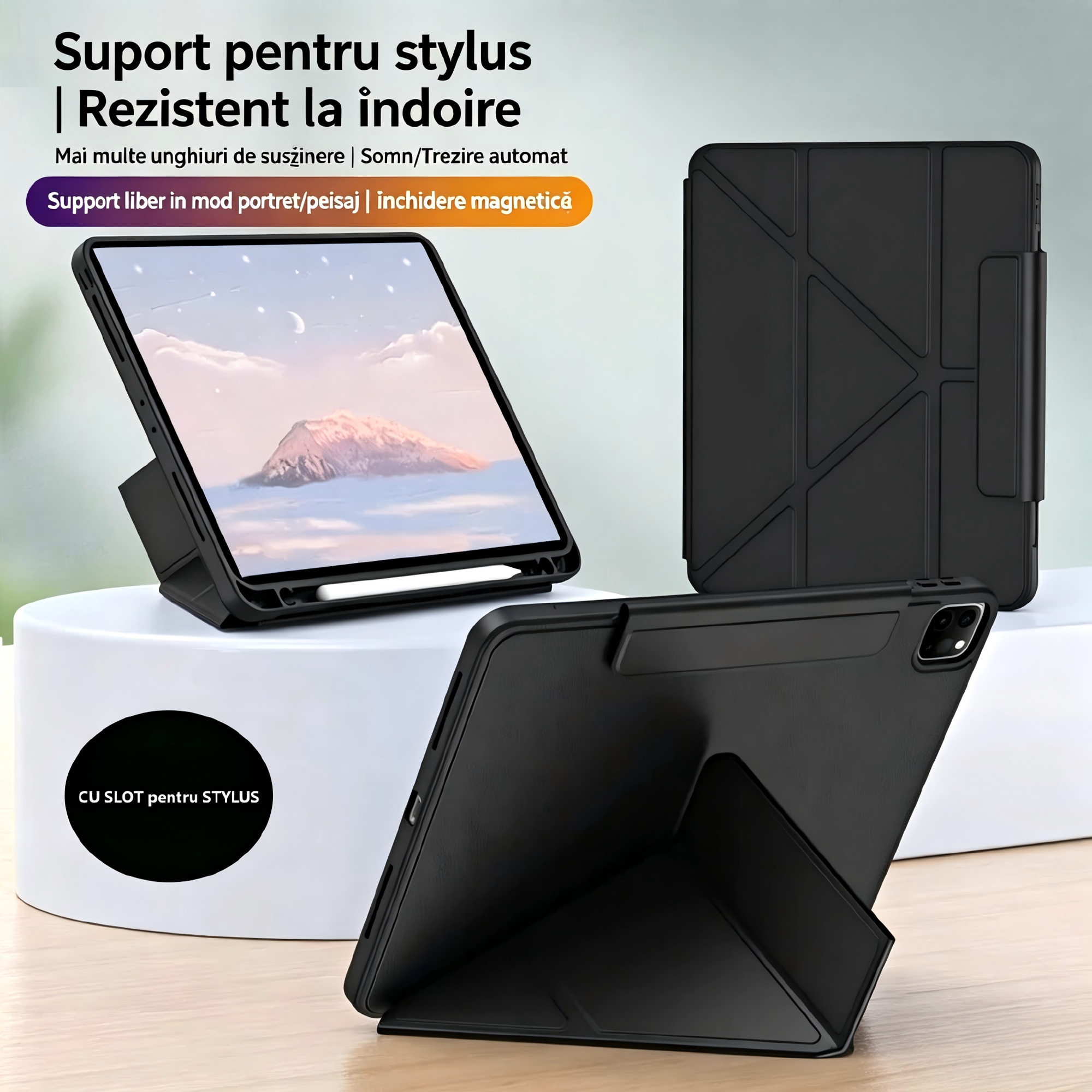 Husa tableta magnetica, compatibila cu iPad A16 11" si 10.9", negru, 4 pozitii, suport creion, auto sleep/wake