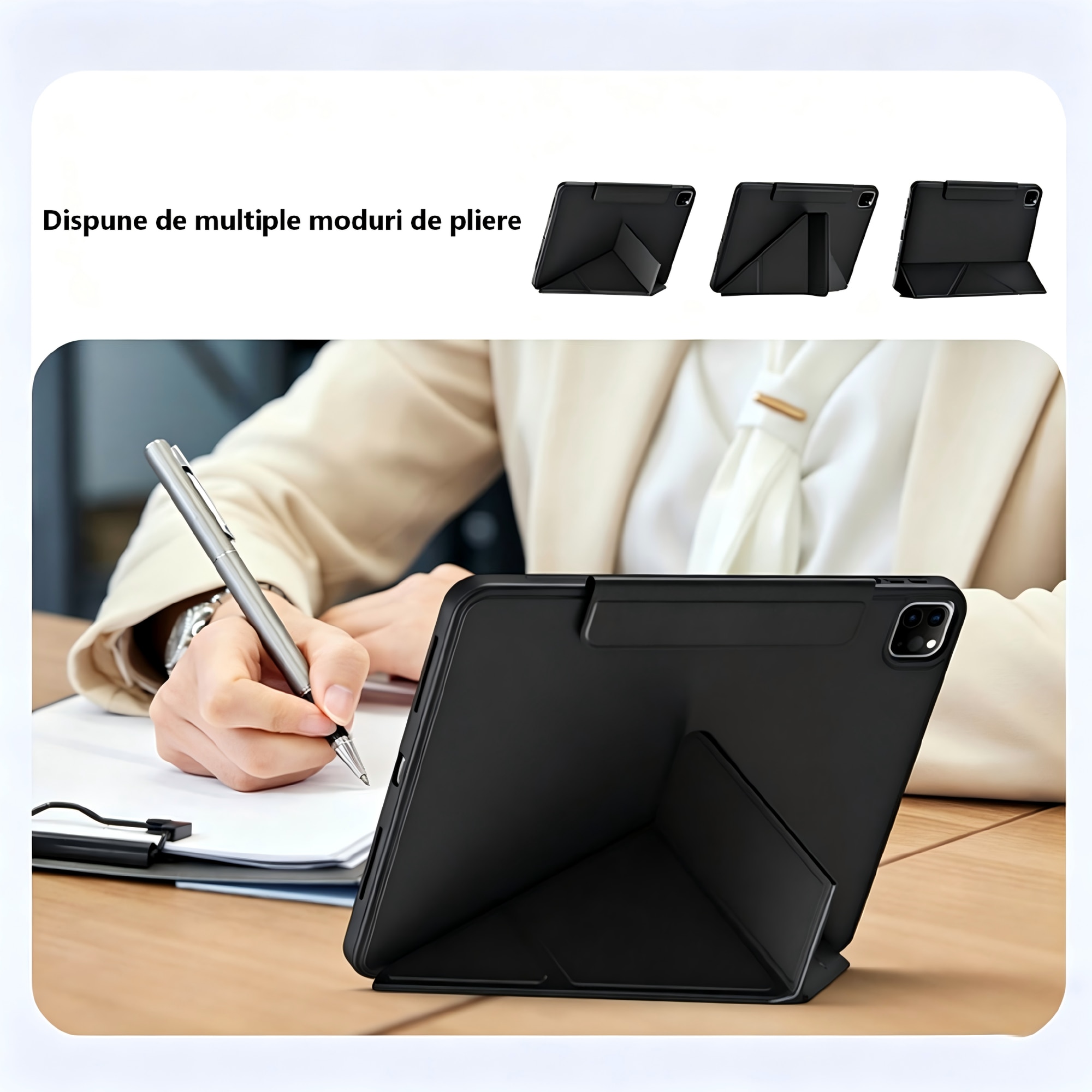 Husa tableta magnetica, compatibila cu iPad A16 11" si 10.9", negru, 4 pozitii, suport creion, auto sleep/wake