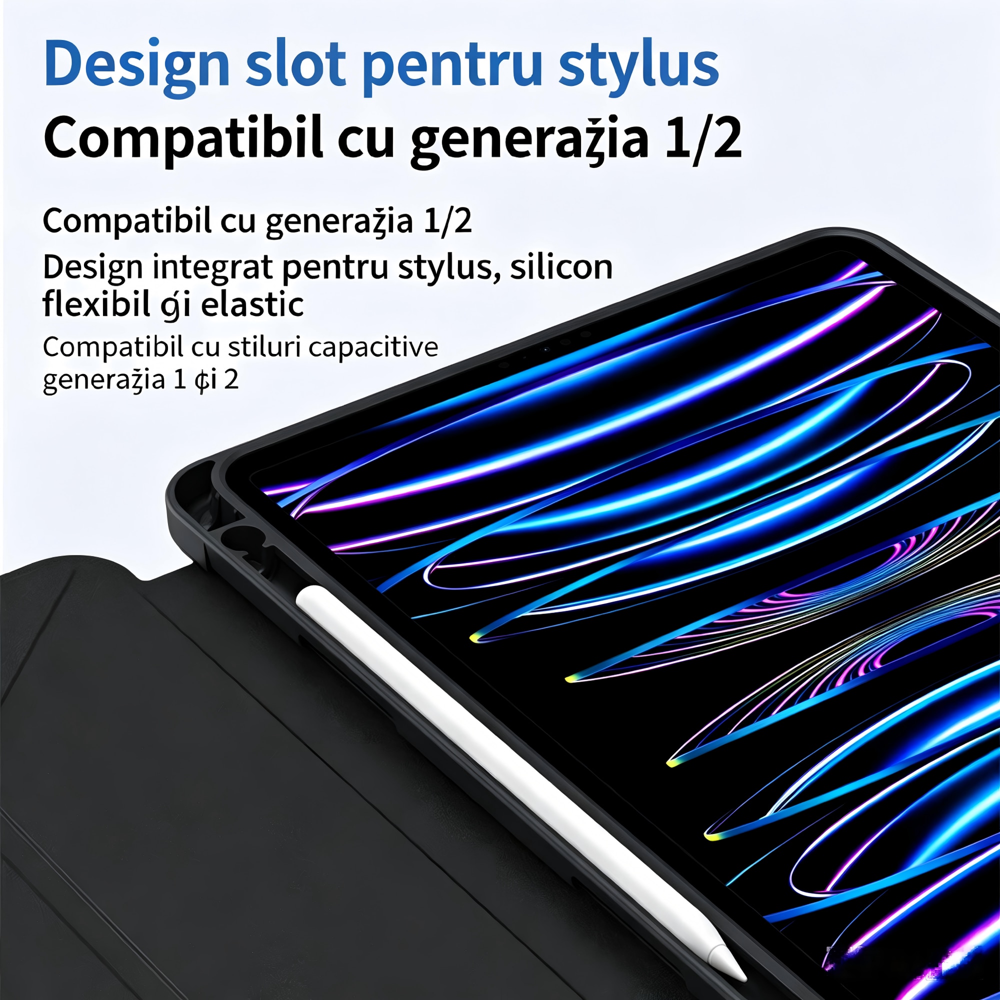 Husa tableta magnetica, compatibila cu iPad A16 11" si 10.9", negru, 4 pozitii, suport creion, auto sleep/wake