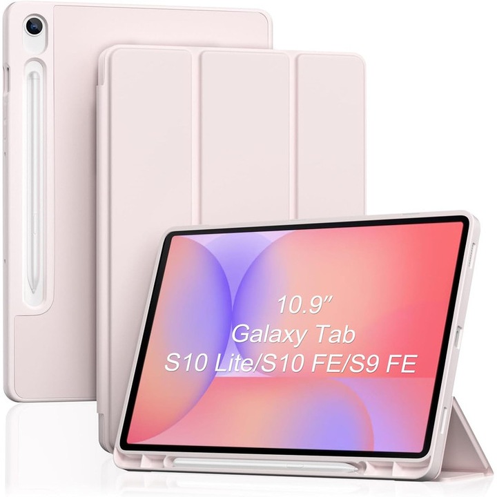 Husa inteligenta pentru Galaxy Tab S10 Lite/S10 FE/S9 FE de 10,9 inch cu suport pentru S Pen, husa folio cu suport triplu si spate moale din TPU pentru Galaxy Tab S10 Lite/S10 FE/S9 FE de 10,9" - Roz deschis