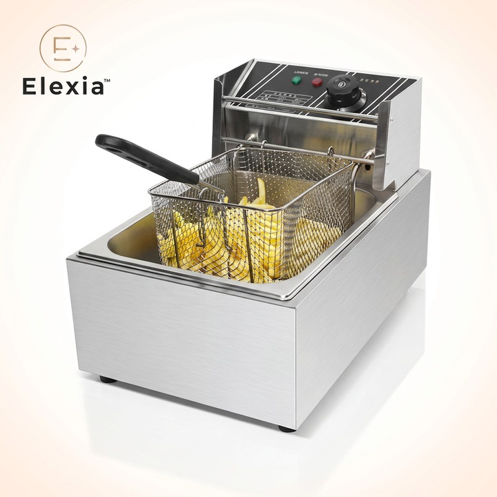 Friteuza Electrica Profesionala ELEXIA®, 6 L, 2500W, Inox, 29×46×31 cm, Temperatura Reglabila, Cos Detasabil, pentru Cartofi Prajiti, Pui si Gogosi, Argintie
