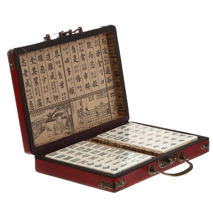 Set Mahjong chinezesc antic, MDF, verde, 24.5x17.5x4.5cm