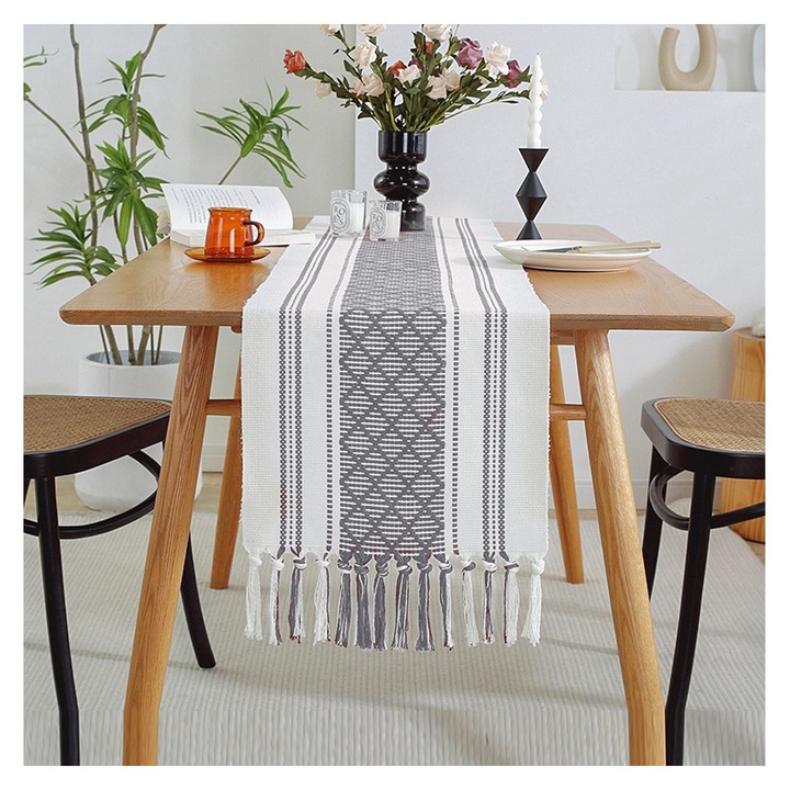 Asztali futó 14.5x84in, pamut poliészter, boho, rojtok, fehér