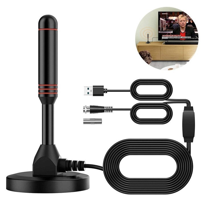 Antena TV interior cu amplificator, semnal intensificat, negru, 1.5m