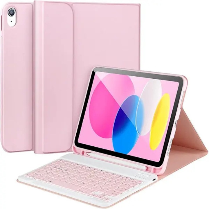 Husa pentru iPad PRE-CJk0515-26-0808-7571, cu tastatura Bluetooth Slim Folio, piele PU, Auto Wake/Sleep, suport in mai multe pozitii, compatibil iPad 11./10. generatie (A3354/A3355/A3356/A2696/A2757/A2777/A3162), roz