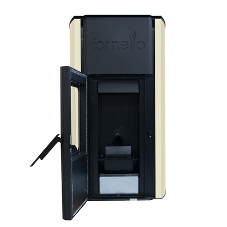 Termosemineu pe peleti Fornello Royal 25 KW, aprindere automata, telecomanda, buncar tiraj fortat, pompa circulatie, vas expansiune, Ivory