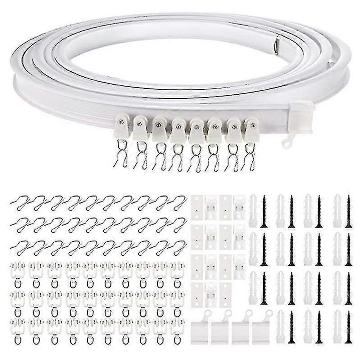 Sina curba pentru perdea, ghidaj curbat din PVC sintetic si otel flexibil, extensibil 1-5 m, rezistent pentru draperii grele, usor de montat cu accesorii incluse, alb, 3 m