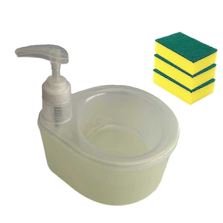 Dispenser sapun lichid 2 in 1 cu suport burete, galben, 17x18.5cm, set 4 piese