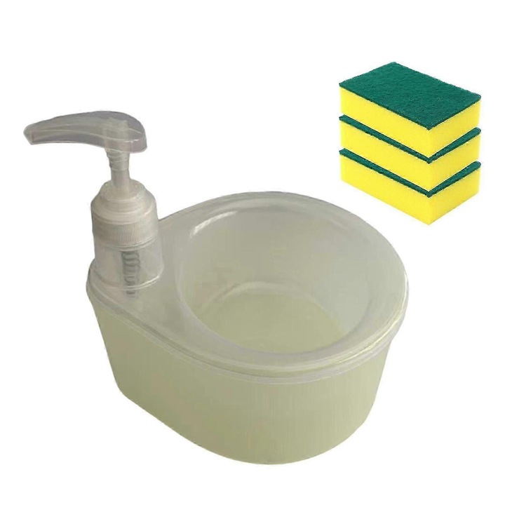 Dispenser sapun lichid 2 in 1 cu suport burete, galben, 17x18.5cm, set 4 piese