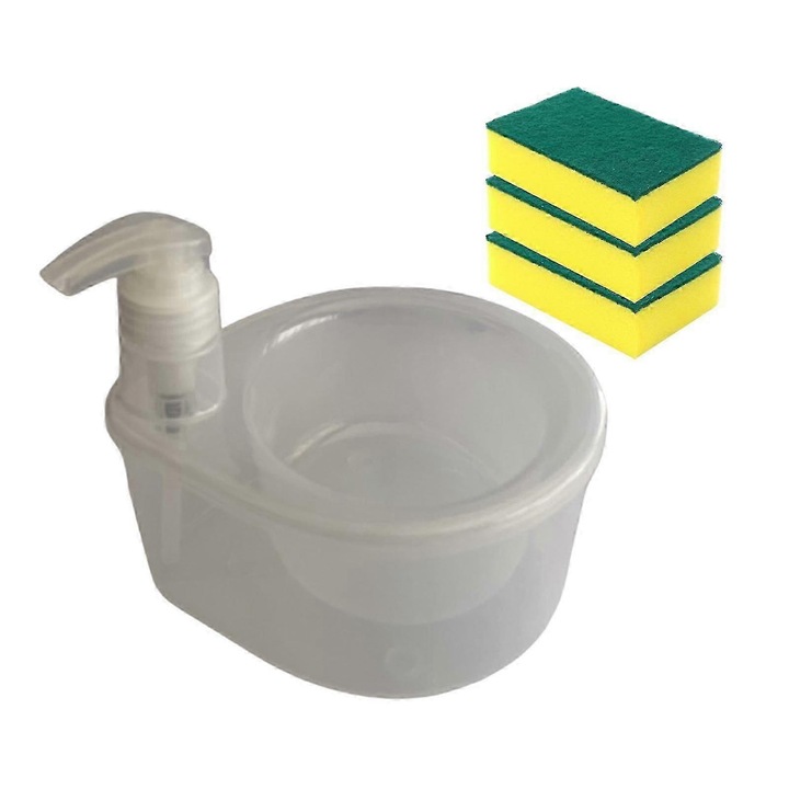 Dispenser sapun lichid cu suport burete 2 in 1, transparent, 17x18.5cm