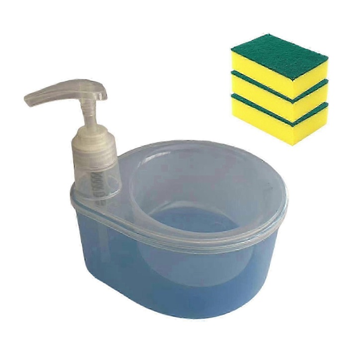 Dispenser sapun lichid 2 in 1 cu suport burete, albastru, 17x18.5cm, set 4 piese