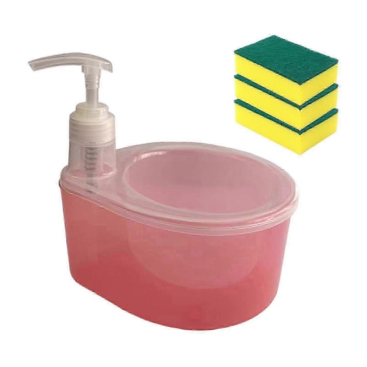 Dispenser sapun lichid 2 in 1 cu suport burete, roz, 17x18.5cm, set 4 piese