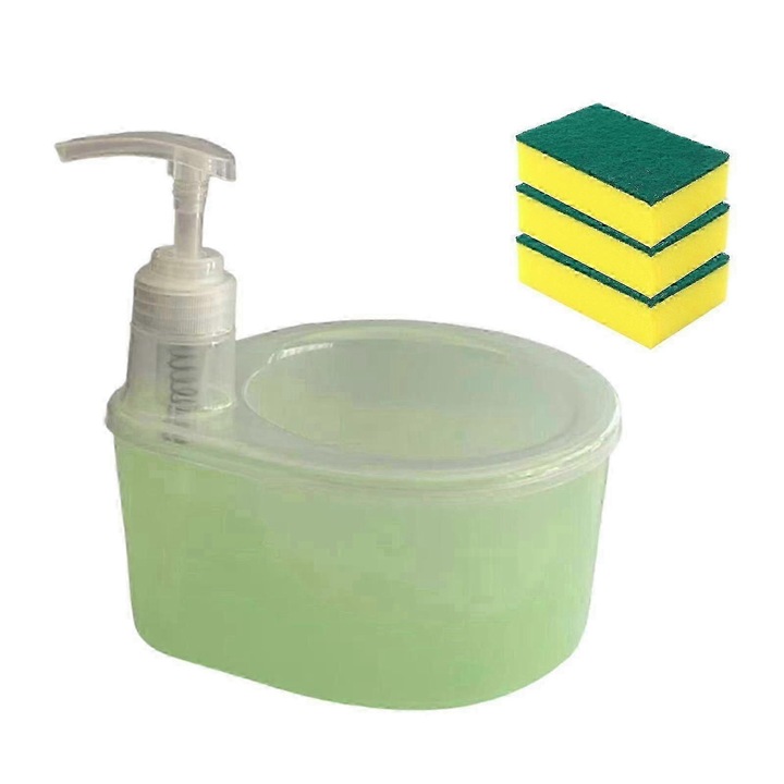 Dispenser sapun lichid 2 in 1 cu suport burete, verde, 17x18.5cm, set 4 piese