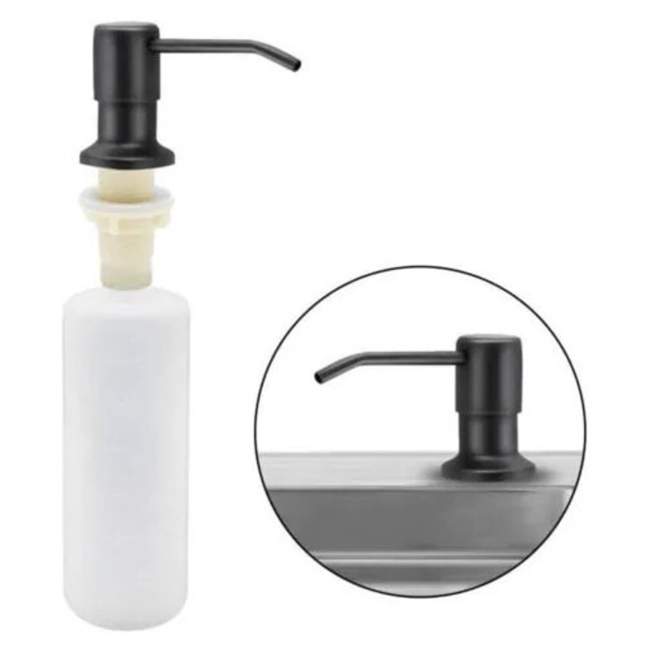 Dispenser sapun incorporat, 350ml, otel inoxidabil, negru mat, pompa rotativa 360°, capac PE