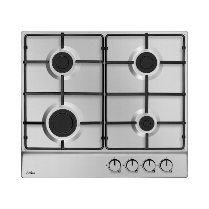 Plita gaz Pyramis 5343.02 Black Glass, 4 arzatoare, gratare individuale fonta, butoane laterale silver, 600x510mm, finisaj sticla neagra
