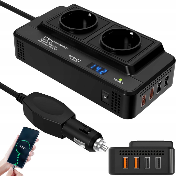 Bedee autó inverter 12V 220V 200W szinusz USB