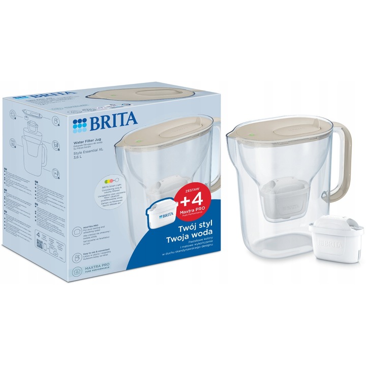 Carafa filtranta Brita Style Essential XL, nisip, 3.6L, set cu 4 filtre Maxtra Pro Pure