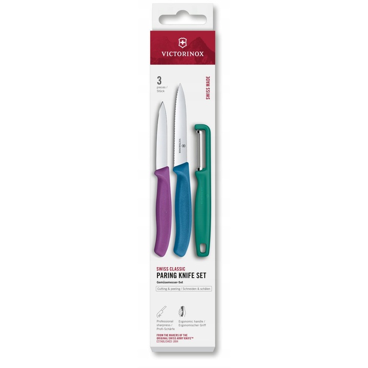 Set 3 piese Victorinox Swiss Classic, 2 cutite si un decojitor, multicolor, 8x10cm